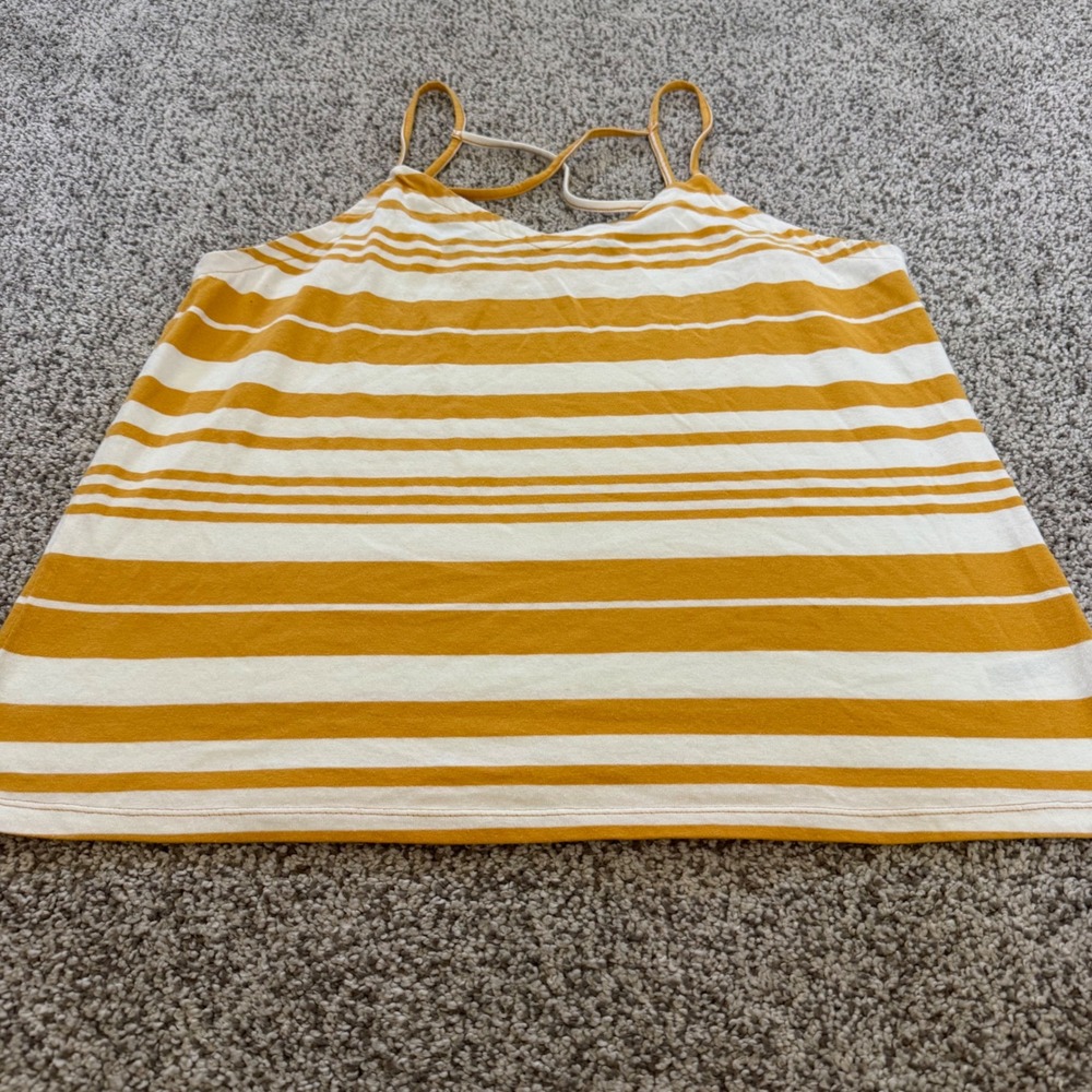 Womens L Mustard Yellow White Striped Strappy Cami Tank Top Sweetheart Cross